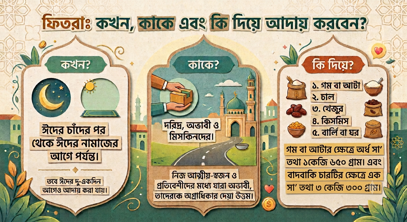 ফিতরা কখন কাকে এবং কি দিয়ে আদায় করতে হবে?